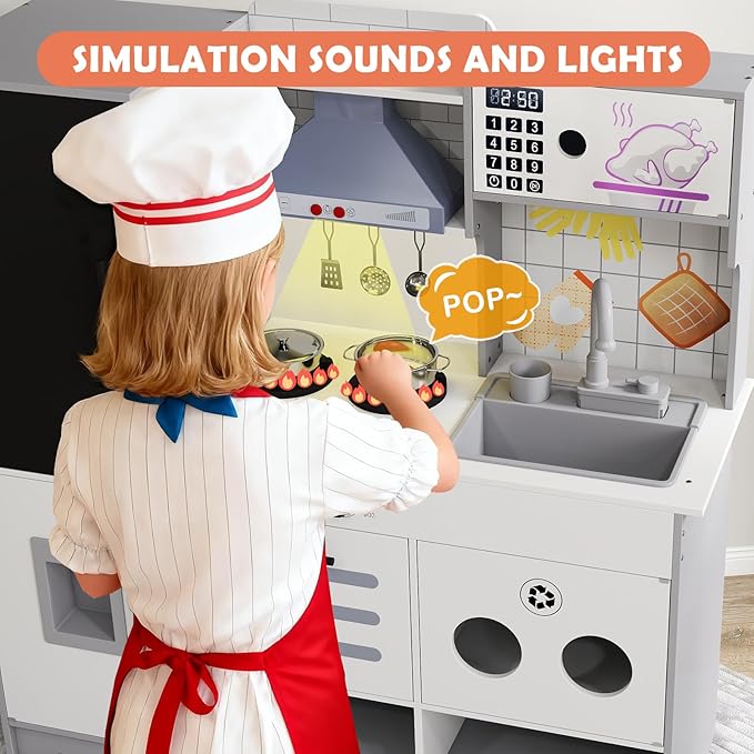 JOYDIAS Kids Play Kitchen Set, Pretend Wooden Kid Kitchen Playset Toy Kitchen w/Sound and Light, Running Water, Oven, Ice Maker, Blackboard & Recycling Bin, Toddler Kitchen for Kids Ages 3+