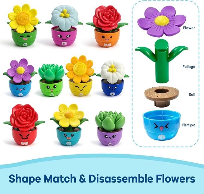 GEERAY Montessori Flower Garden Building Toy, 10 Sets Toddler Shape & Color Matching Game, Fine Motor Skills Preschool Sensory Toys, Educational Gardening Gift for 1-3 Year Old Boys Girls - Image 6