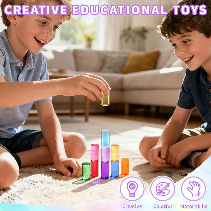 Rainbow Acrylic Blocks, 10 Stackable Cylinders for Kids Ages 3+ - Image 4