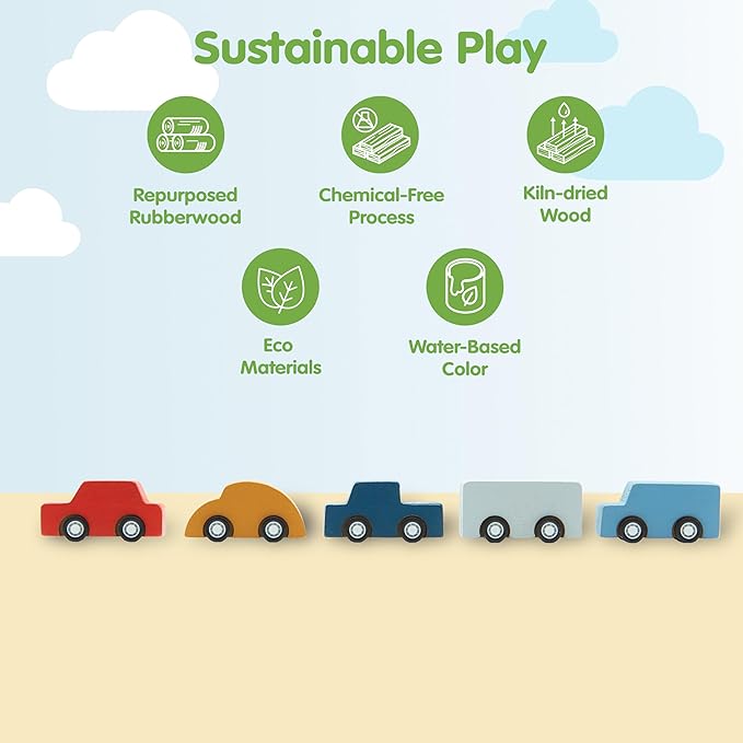 PlanToys® Mini Car Set Wooden Montessori Vehicle Set | Early Movement, Imagination and Practical Life Exploration | Eco Friendly Mini Car Set for Indoor and Outdoor Play