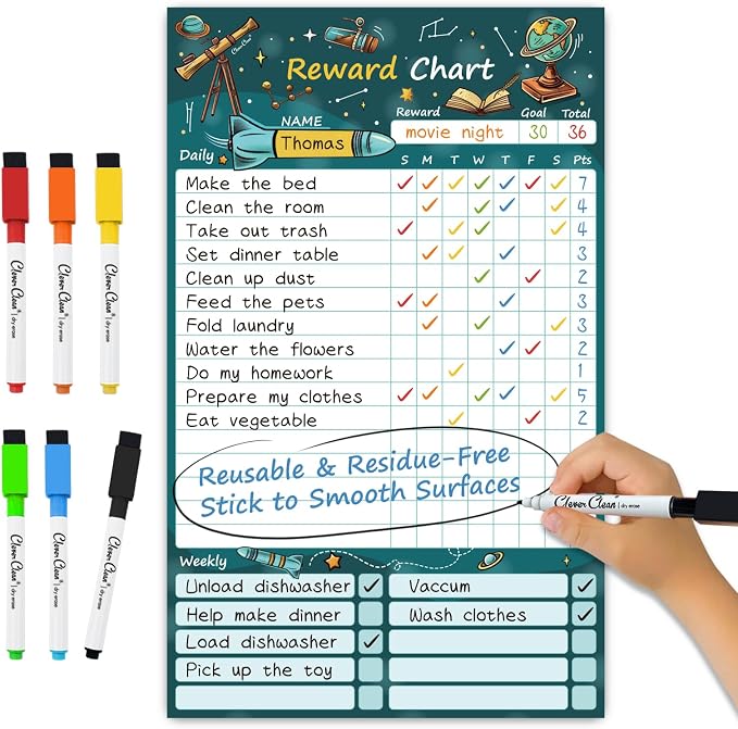 Clever Clean Dry Erase Chore Chart for Kids, Reusable Reward Chart, Non-Magnetic Kids Chore Board Clings to Any Smooth Surfaces, 6 Dry Erase Markers Included (Science) by CleverClean