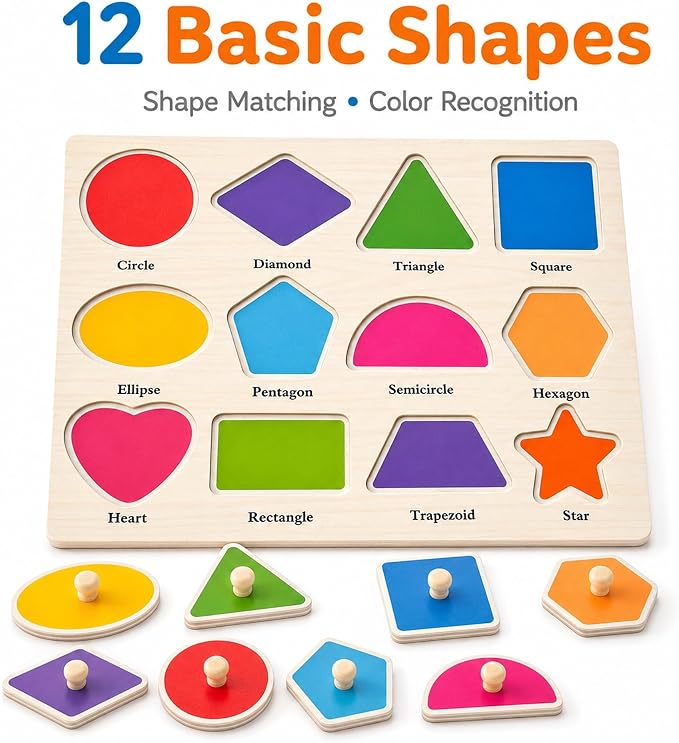 Wooden Peg Puzzles for Toddlers, 3 Pack Large Wooden Knob Puzzles for Ages 3-5, Montessori Shape Matching Toys, Preschool Learning Puzzles for Fine Motor Skills, Birthday Gifts for Boys Girls 3 4 5 - Image 5