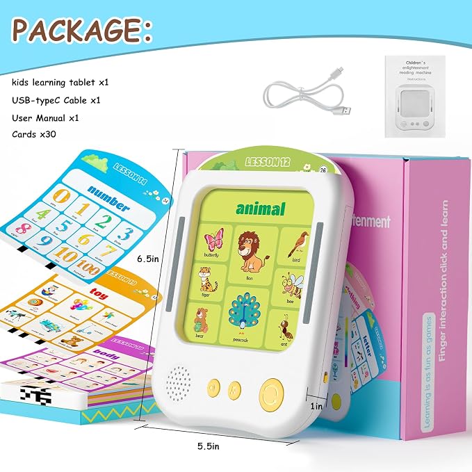 Interactive Educational Learning Tablet Toy for Kids,Screen-Free Phonics Learning Toy with 30 Flash Cards for Alphabets, Numbers, Words, Animals, Learn to Read for Boys Girls 3-5 Years Old, White - Image 5