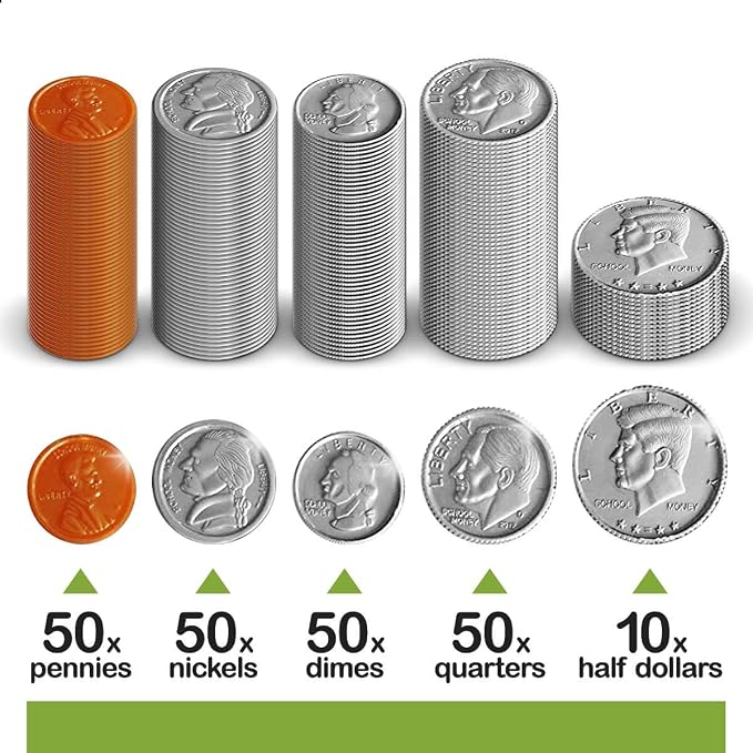 Learn & Climb Play Money Coins for Kids - 10 Half Dollars, 50 Quarters, 50 Dimes, 50 Nickels, 50 Pennies - Image 2