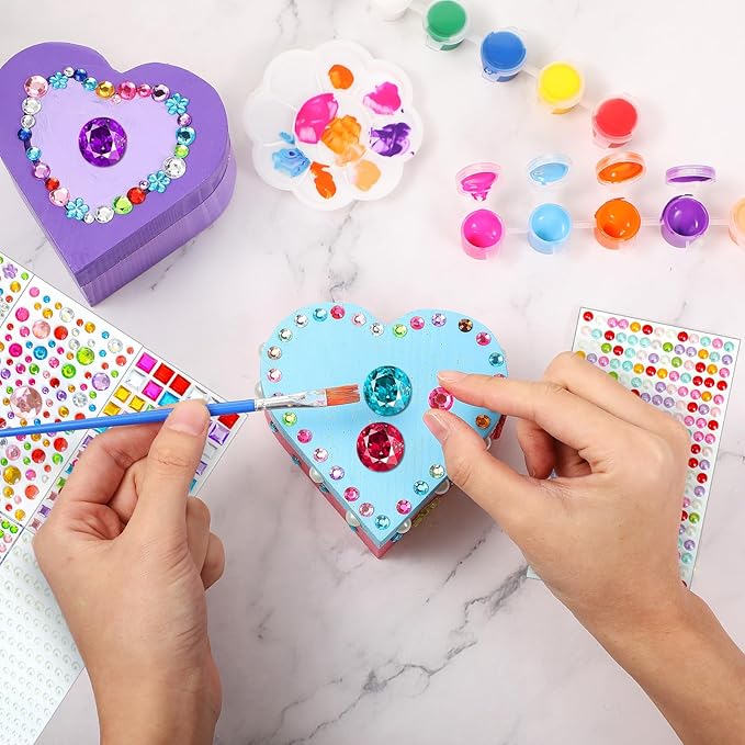 Kigley 6 Sets Paint Your Own Box Kit for Girls DIY Wooden Jewelry Box Unfinished Heart Boxes Arts and Craft Painting Gift Kits Christmas Crafts for Toddler Kids Ages 3-12 Year Old