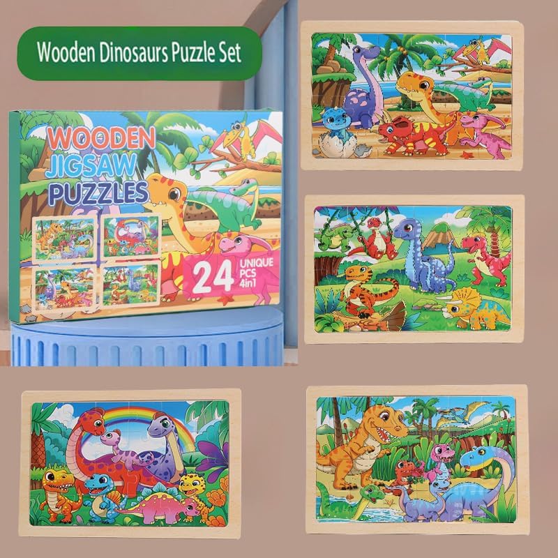 Wooden Puzzles for Kids 3-5, 4 Pack Dinosaur Jigsaw Puzzles for Toddlers, 24 Pieces Preschool Learning Activities, Learning & Educational Puzzles, Gift for Boys, Girls - Image 6