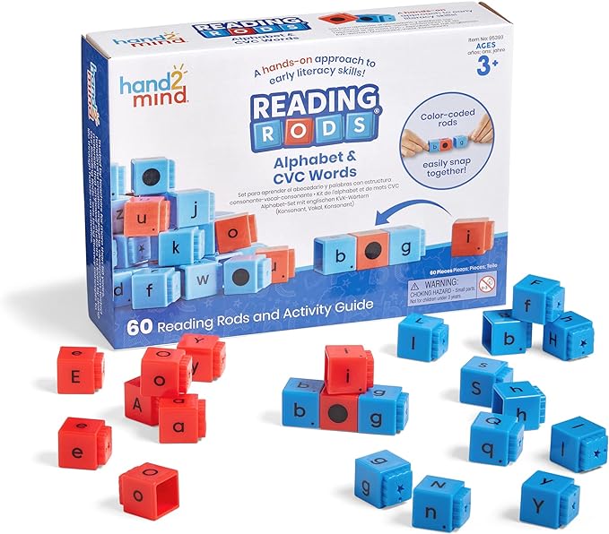 hand2mind Reading Rods Alphabet & CVC Words, Word Building Activities, Letter Blocks, CVC Words for Kindergarten, Spelling Toys, Reading Tools for Kids, Science of Reading Manipulatives by hand2mind