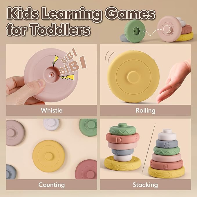 BOBXIN Baby Stacking & Nesting Rings Toy, 6pcs Soft Silicone Circle Building Stacker,Squeeze Play with Letter,Animal and Graphic,Toddler Sensory Learning Montessori Toys for Babies 6 Months+