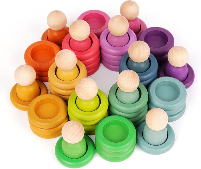 Montessori Toys Wooden Color Sorting Stacking Rings Toy Rainbow Wooden Peg Dolls Counting Toys Circular Building Blocks Stacking Game Preschool Learning Education Fine Motor Skill Toys for Toddlers - Image 2