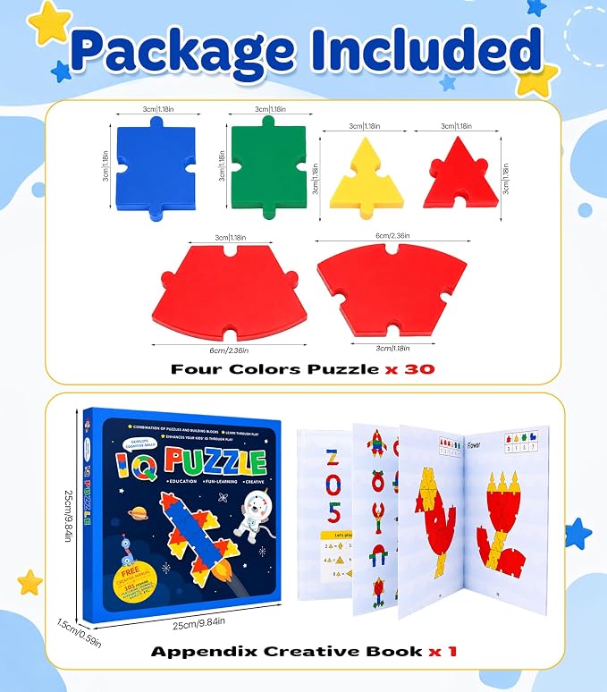 PRE-WORLD Pattern Blocks, 30 Pcs Interlocking Geometric Puzzle Kids 3+,IQ Puzzle Book, 101 Patterns, Non-Toxic Plastic, Math & Geometry Learning, Portable Storage for Home, Travel, Classroom - Image 2
