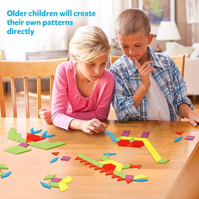 Coogam Wooden Pattern Blocks Set 130PCS Geometric Color Shape Manipulative Puzzle – Graphical Montessori Tangram Early Learning Educational Toys Brain Teasers STEM Gift for Kids with 24 Design Cards - Image 4