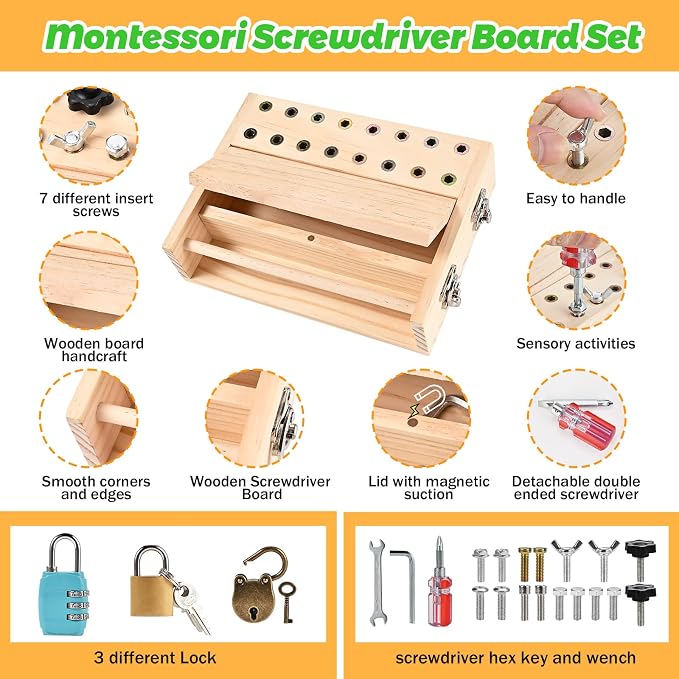 Montessori Screwdriver Board Set, Montessori Toys for 3 4 5 with 3 Lock and Keys, Toddler Screwdriver Toy, Kids Tool Set, Preschool Learning Sensory Toy, Fine Motor Skills Toys - Image 3