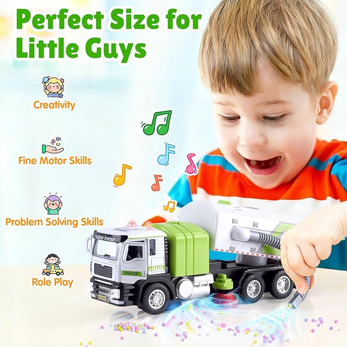 Garbage Truck Toy with Lights and Sounds, Play Vacuum Street Sweeper Trash Truck, Battery Powered Recycling Car Vehicle Toys for Boys Girls Kids Toddler Gift for Christmas Birthday