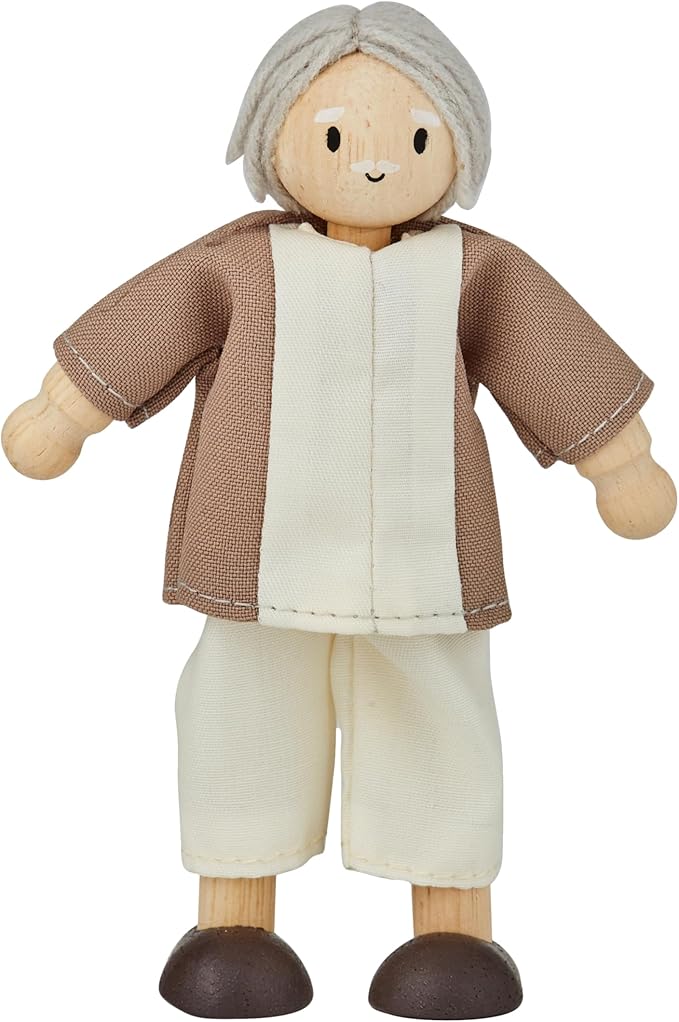 PlanToys® Grandfather Dollhouse Figure - Fair Skin Tone | Poseable 1:12 Scale Dollhouse People | Montessori Pretend Play Doll with Bendable Arms & Legs | Eco-Friendly Wooden Figurine for Kids