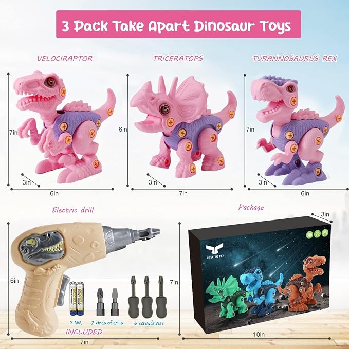 FREE TO FLY Girls Toys Take Apart Dinosaur: Pink Dinosaur Play Set for Kids 3-5 5-7, Stem Learning Educational Montessori for 3 4 5 6 7 8 Year Old Girls Toddlers Autism Sensory Xmas Birthday Gifts - Image 6