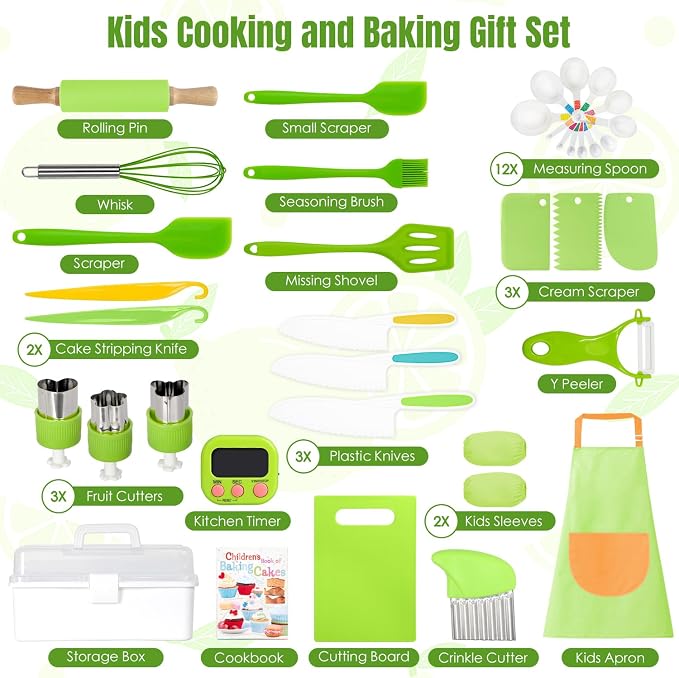 Kids Cooking Sets Real, 37PCS Kids Cooking and Baking Set with Storage Case Timer Kid Safe Knives Cutting Board, Toddler Kitchen Toys Birthday Gifts for Girls Boys Age 3 - 8 - Image 2