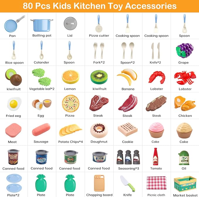 80Pcs Kitchen Playset, Toddler Pretend Cooking with Pots, Pans, Cookware, Food, Picnic Blanket, Fruits, Veges, Shopping Storage Basket, Dessert , Learning Gift for Girls Boys (Blue) - Image 4
