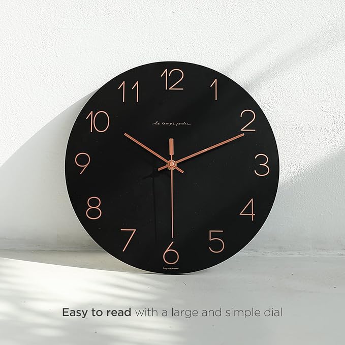 mooas Flatwood Wall Clock (Black),12" Non-Ticking Sweep Movement - Image 8