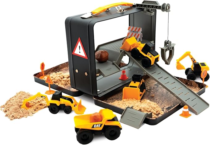 CAT Construction Toys, Store N Go Playset - Tin Travel Case Transforms into Multi-Level Worksite, Includes 2 Little Machines Vehicles & 10 + Accessories, Portable STEM Toy for Kids Ages 3 + by Unknown