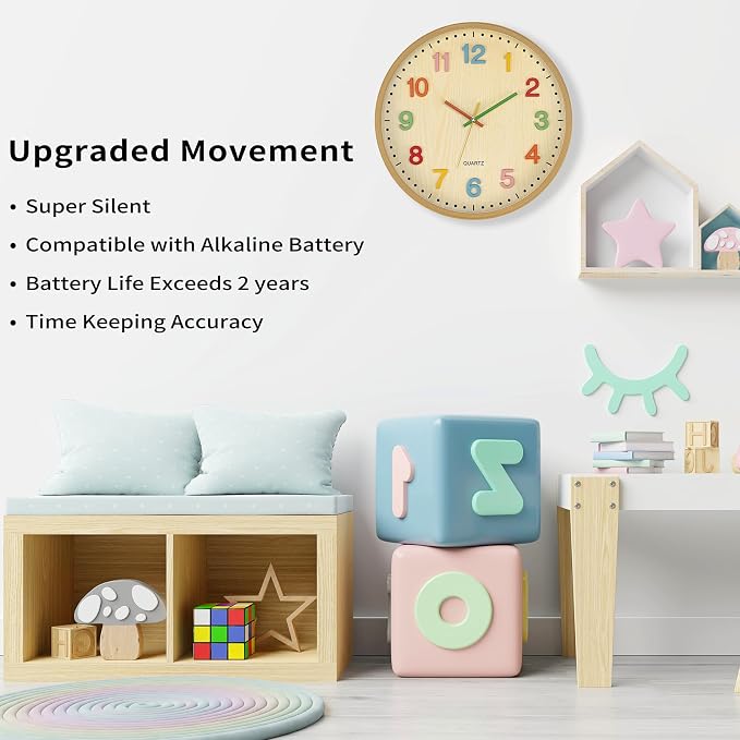 Foxtop 14 Inch Kids Wall Clock Silent Non-Ticking Battery Operated Colorful Childrens Wall Clock for Classroom Playroom Nursery Bedrooms Kids Room School (3D Numerals) - Image 3