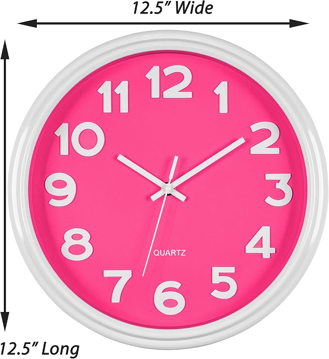 Bernhard Products Pink Wall Clock 12.5 Inch Silent Non-Ticking Modern Stylish Quartz Clocks for Home Kitchen Office Bedroom Girl's Room Nursery Kids School Classroom Battery Operated, Easy to Read - Image 5