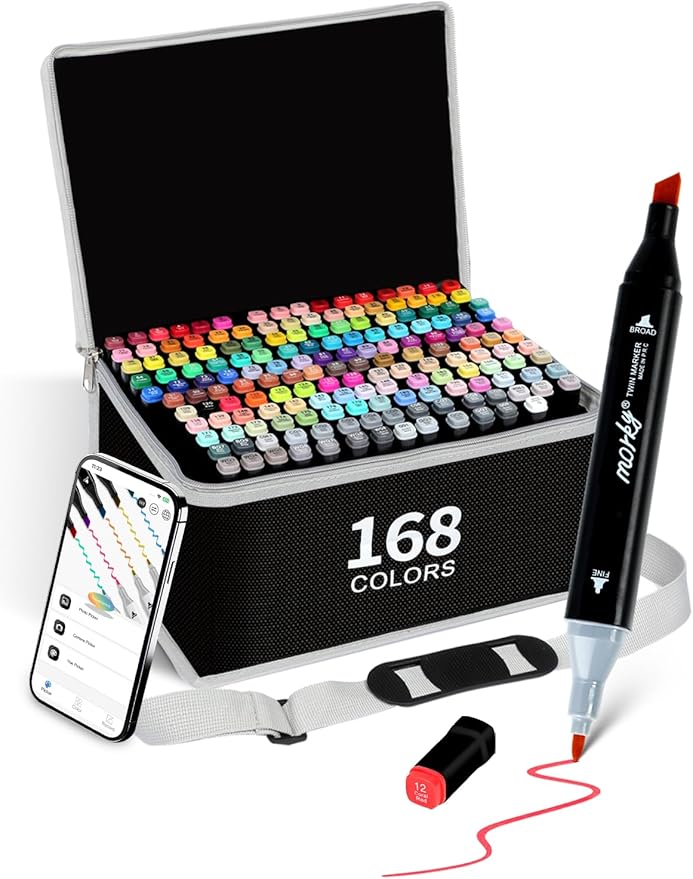 168+2 Colors Alcohol Markers with Free App, Chisel & Fine Tip Alcohol-Based Marker Set for Adults, Dual Tip Artist Markers for Drawing, Coloring Illustration, Painting and Great Gift Idea