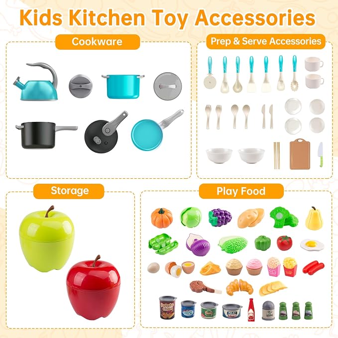 100Pcs Kitchen Playset, Kids Pretend Cooking Play Pots, Pans, Utensils, Cookware, Toy Food Fruits Veggies, with 2 Large Apple - Shaped Storage, Toddler Cooking Learning Gift (Turquoise) - Image 3