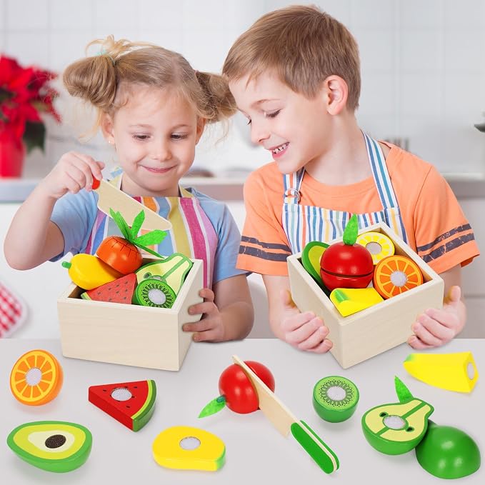 TooyBing Wooden Play Food Toy Set for Kids Kitchen - 30 Pcs Montessori Cutting & Color Sorting Fake Fruit Accessories with 4 Boxes, Play Toys for Toddlers 3, Birthday Gifts for Boys Girls - Image 7