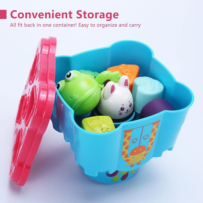 LTKFFFdp Baby Stacking Toys for Toddlers 1-3, Nesting Cups Shape Sorter for Infant 6 to 12-18 Month, Stackable Learning Toy with Blocks, Rattle & Frog Bath Toy, for Girl Boy Birthday - Image 4