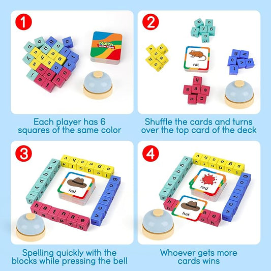 Edulok Word Race Cube - Preschool Wooden Alphabet Letter Blocks & Phonics Matching Games - CVC Word Learning Toys - Image 2