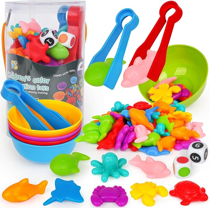 Sorting Colors Sea Animals Counting Toys with Matching Sorting Cups and Game Dices, Color Classification and Sensory Training Preschool Educational Learning Toys for Toddlers Kids Girls Boys Ages 3+ by Kizh