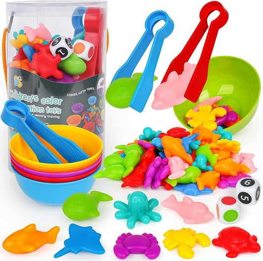 Sorting Colors Sea Animals Counting Toys with Matching Sorting Cups and Game Dices, Color Classification and Sensory Training Preschool Educational Learning Toys for Toddlers Kids Girls Boys Ages 3+ by Kizh