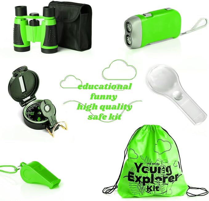 Outdoor Adventure Kit for Kids: Binoculars, Compass, Magnifying Glass & Flashlight. 3-12 Year Old Boys & Girls (Green) (Green) - Image 2