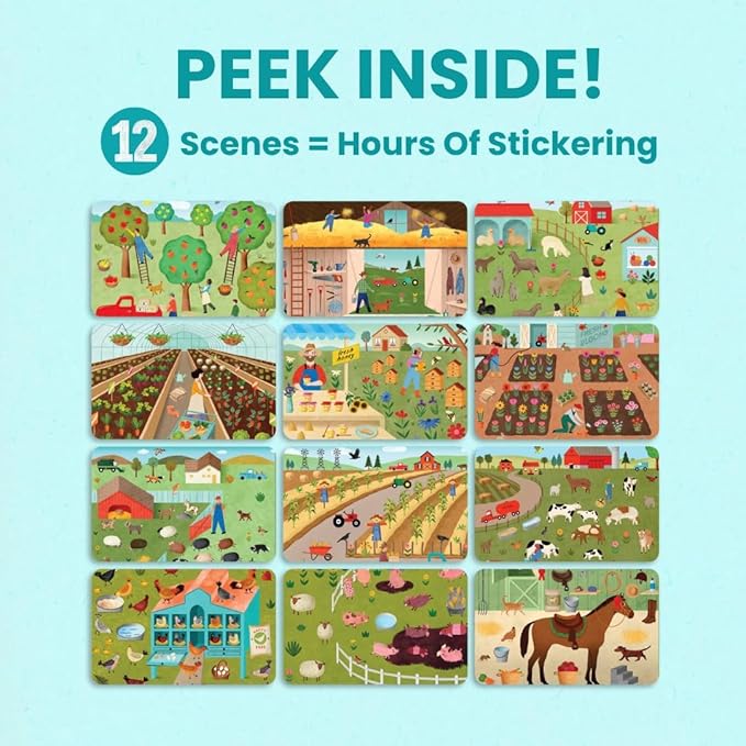 Cupkin Farm Animal Sticker Book Activity for Kids, Toddler Airplane Travel Essentials, 500+ Horse Stickers for Kids + 12 Scenes + 12 Coloring Book Pages, Cow Lover Children's Gift, Crafts Ages 2-8