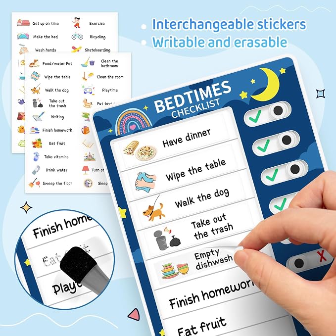 Chore Chart for Kids: Dry Erase Visual Schedule, Magnetic Bedtime/Morning Routine Chart - Toddler Chore Board, Checklist, To Do List for Kids (2 morning checklists, 2 bedtime checklists) - Image 2