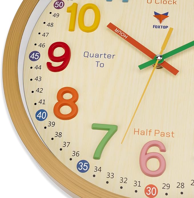 Foxtop Learning Clock for Kids - Telling Time Teaching Clock 12 Inch Silent Non-Ticking Battery Operated Kids Wall Clock for Kids Room Playroom Nursery Classroom School (3D Numerals) - Image 7