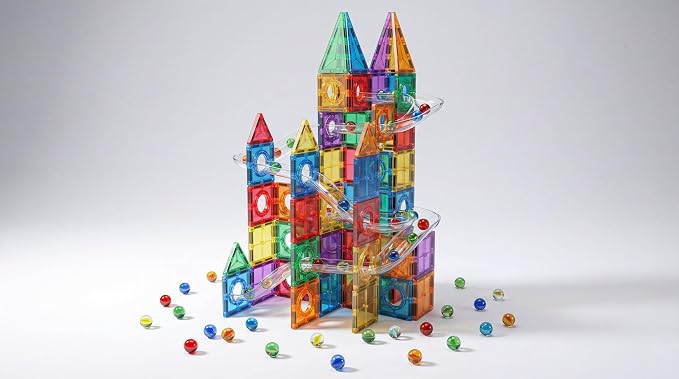 Magnetic Building Tiles Marble Run Set, 115 Pieces STEAM Construction Blocks with Marble Run Track, Educational STEM Toy for Kids Ages 3+, Rainbow Colors - Image 5