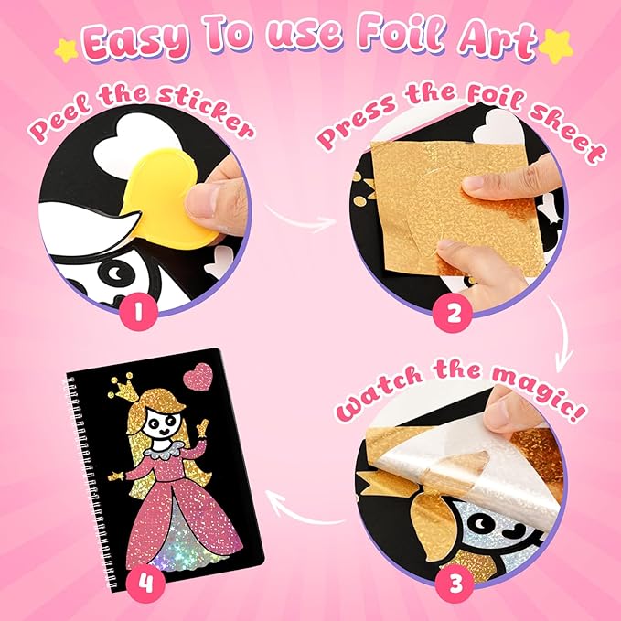 3 otters Foil Art Fun, Princess Arts and Crafts for Kids DIY Creative Travel Toy Birthday Gifts for Girls 4 5 6 7 8