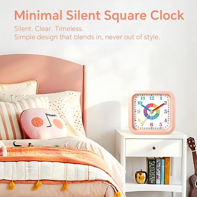 Modern Silent Learning Alarm Clock for Kids, 4.5" Loud Battery Operated Alarm Clock for Heavy Sleepers with Unique Dial & Numbers, Plastic Desk Clock for Kids Bedroom Classroom Dorms, Pink - Image 7