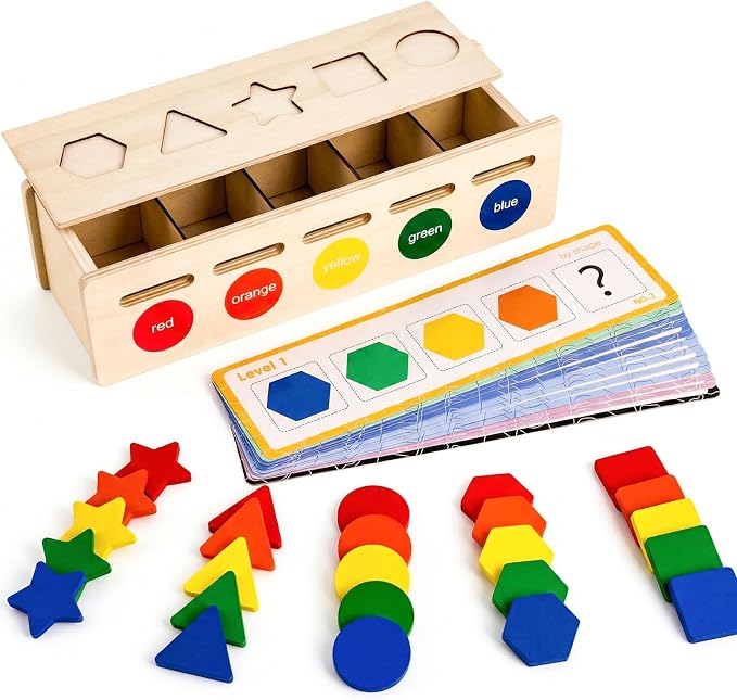 LovesTown 3-in-1 Wooden Shape Color Sorter Box with Logic Cards by Lovestown