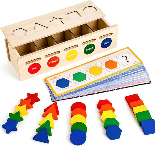 LovesTown 3-in-1 Wooden Shape Color Sorter Box with Logic Cards by Lovestown