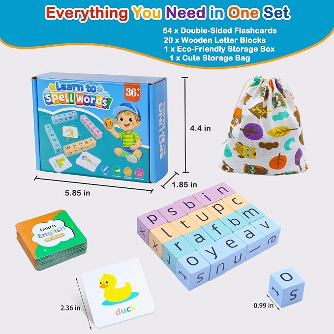 Spelling Games for Kids Ages 3-8, Phonics Matching Game with 54 Flash Cards & 20 Letter Blocks, CVC & Sight Word Building Reading Game, Classroom Must Haves for Preschool & Kindergarten - Image 4