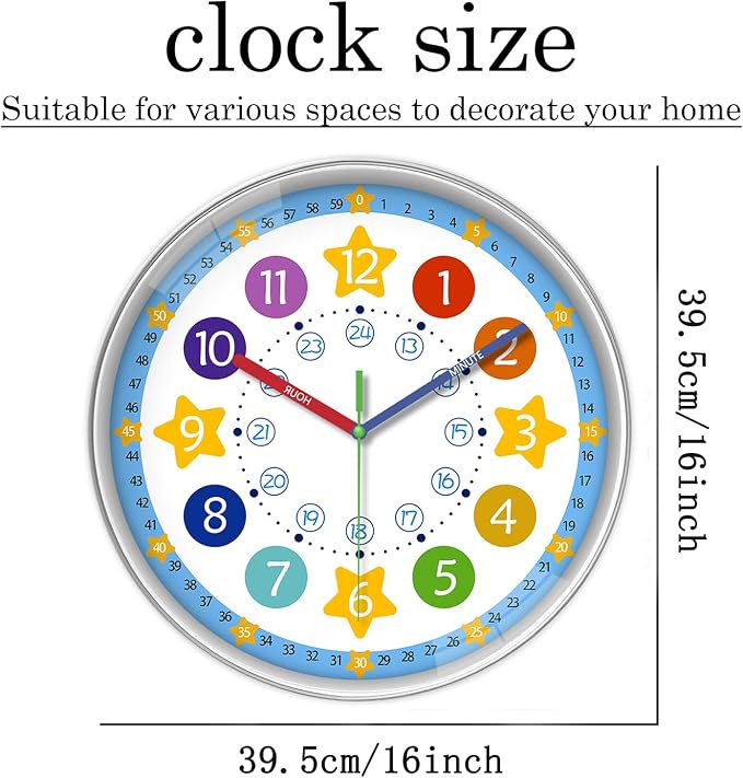 XFM Large Kids Wall Clock 16 Inch Blue Silent - Image 6