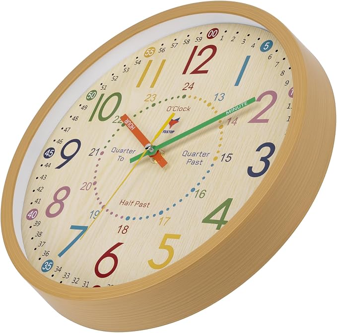 Foxtop Learning Clock for Kids - Telling Time Teaching Clock 12 Inch Silent Non-Ticking Battery Operated Kids Wall Clock for Kids Room Playroom Nursery Classroom School - Image 5