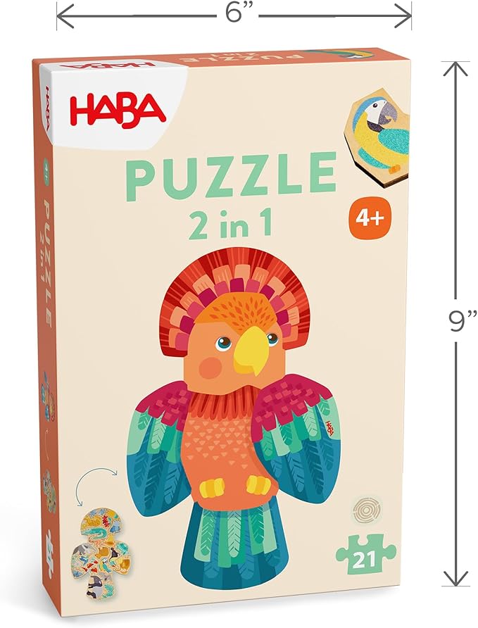 HABA Wooden Puzzle Parrot - 2 in 1 Reversible Puzzles for Kids Ages 4-6, Durable Educational Toys and Wooden Montessori Toys