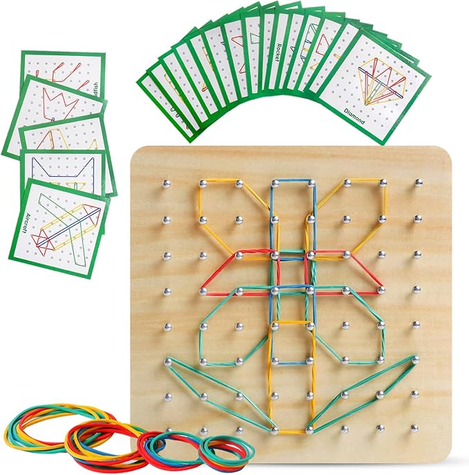 Wooden Geoboard, Montessori STEM Toy with Pattern Blocks for Kids Ages 3+ by Skrtuan