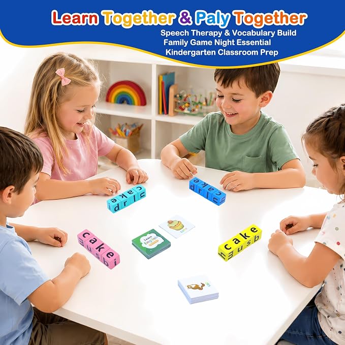 Spelling Games for Kids Ages 3-8, Learn to Read Phonics & Word Building Game with 40 Flash Cards, 16 Wooden Letter Blocks for Screen-Free Family Fun & Preschool Classroom Learning - Image 3