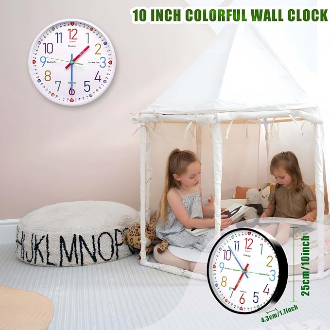 Learning Clock for Kids,10'' Silent Non-Ticking Teaching to Tell Time Colorful Wall Clocks for Children's Room Bedroom Classroom Home Decor, Gifts for Christmas Birthday (White) - Image 2