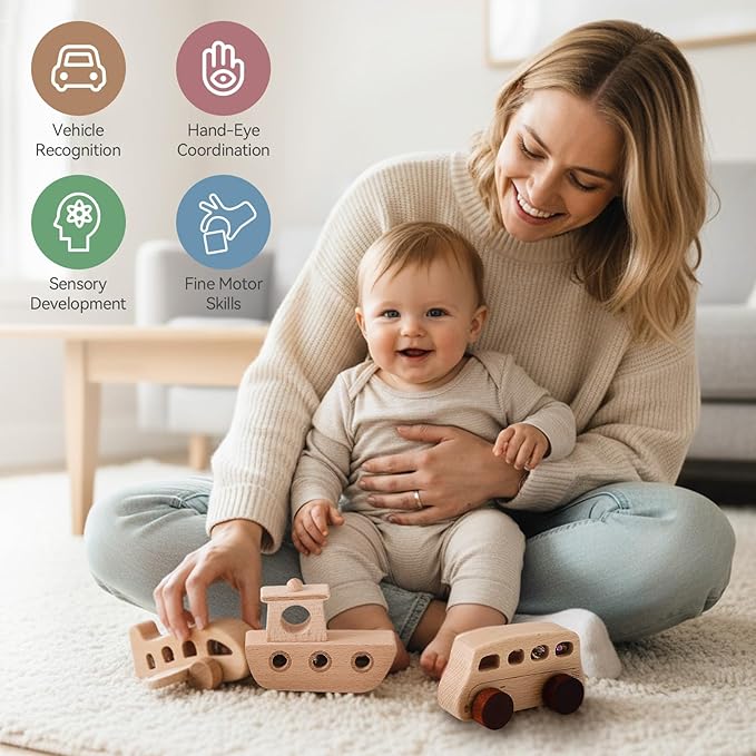 Wooden Cars for Toddlers 1-3, Wooden Vehicles Baby Cars Set with Bus, Airplane and Boat, Montessori Rattle Toys with Rolling Beads, Ideal for Boys and Girls