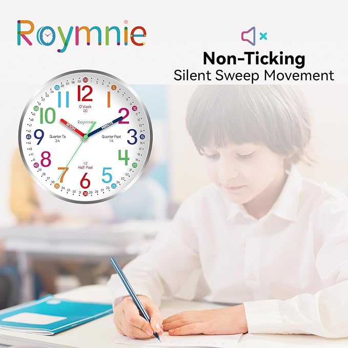 Roymnie Wall Clock 12" for Kids Learning Battery Operated Teaching Silent - Image 3